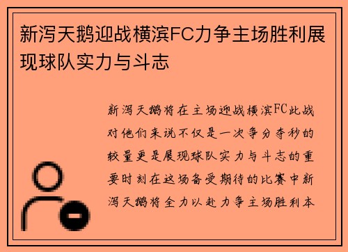 新泻天鹅迎战横滨FC力争主场胜利展现球队实力与斗志