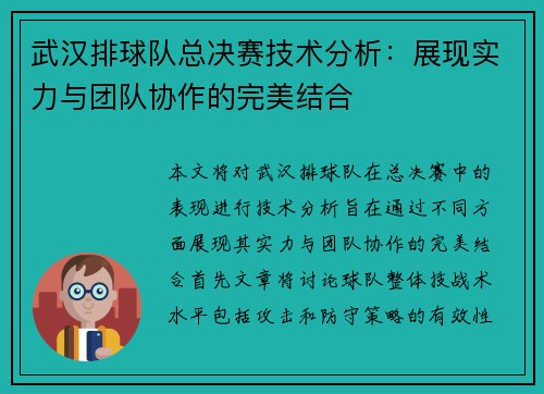 武汉排球队总决赛技术分析：展现实力与团队协作的完美结合