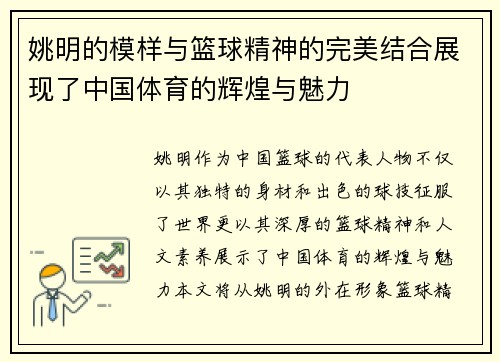 姚明的模样与篮球精神的完美结合展现了中国体育的辉煌与魅力